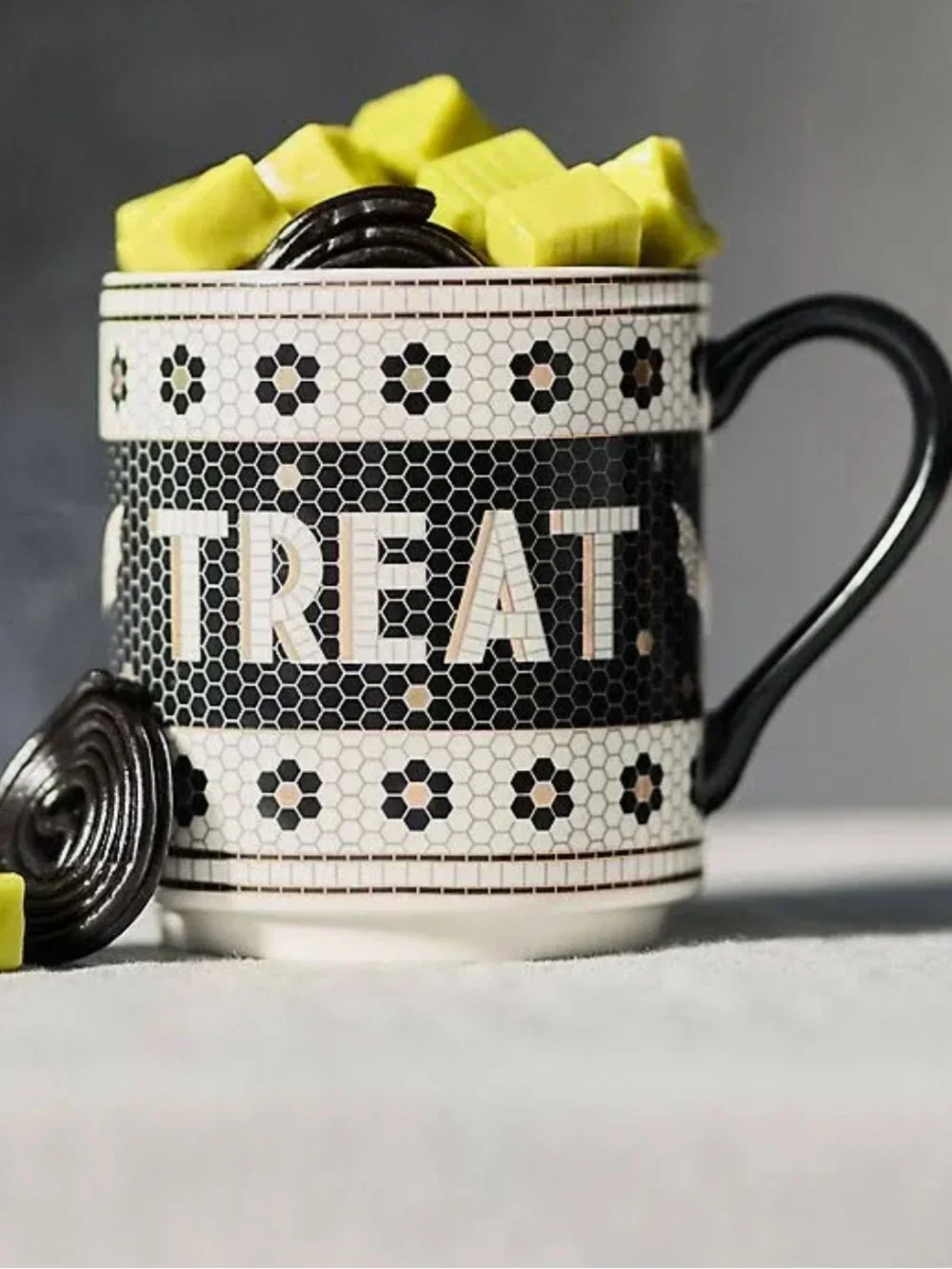 Anthropologie Set of 2 Bistro Tile Trick Or Treat Halloween Coffee Mugs Cups